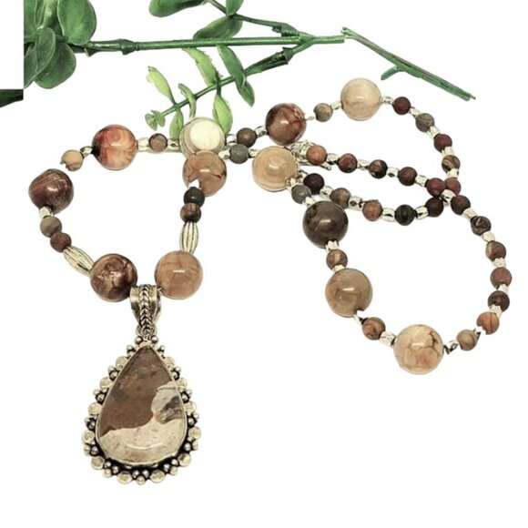 Large Brown and Silver Handmade Agate Stone Pendant Necklace - Picture 1 of 3